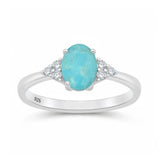 Sterling Silver Rhodium Plated 7mm Oval Turquoise And Clear CZ Ring