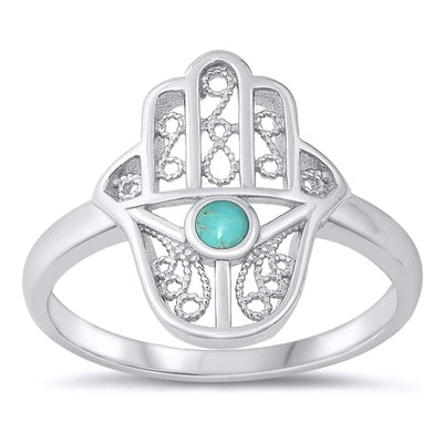 Sterling Silver Rhodium Plated Genuine Turquoise Hamsa Ring