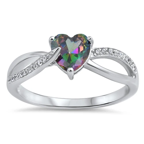 Sterling Silver Rhodium Plated Heart Rainbow Topaz And Clear CZ Ring