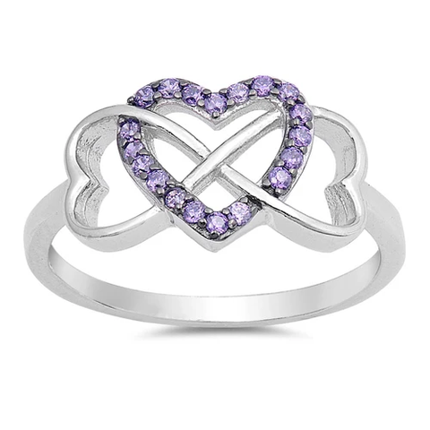 Sterling Silver Amethyst And Clear CZ Infinity Hearts Ring