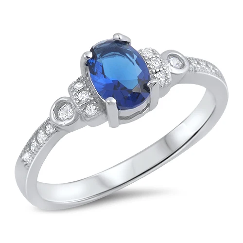 Sterling Silver Oval Blue Sapphire And Clear CZ Ring