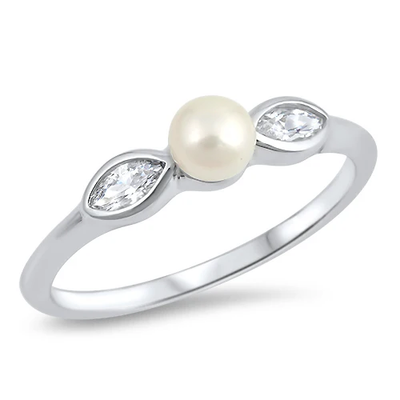 Sterling Silver Flower Clear CZ And Freshwater Pearl Ring