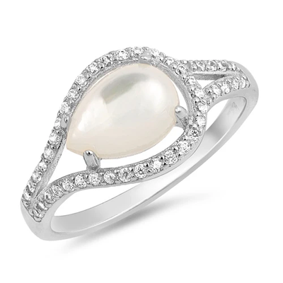 Sterling Silver Drop Clear CZ And Mother Of Pearl Ring