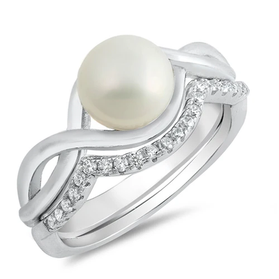 Sterling Silver Freshwater Pearl And Clear CZ Infinity Ring