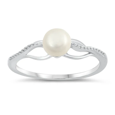 Sterling Silver Rhodium Plated 6mm Clear CZ And Freshwater Pearl Ring