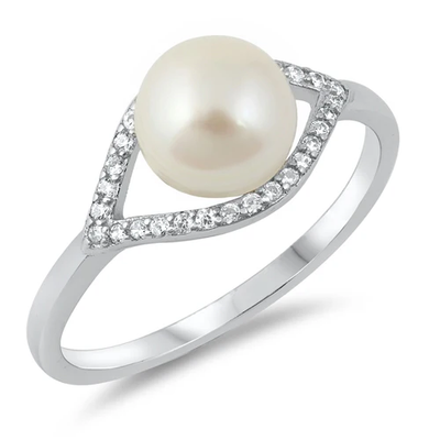 Sterling Silver Rhodium Plated Eye Clear CZ And Freshwater Pearl Ring