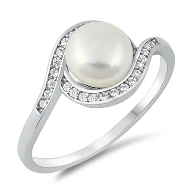 Sterling Silver Rhodium Plated 10mm Clear CZ And Freshwater Pearl Ring