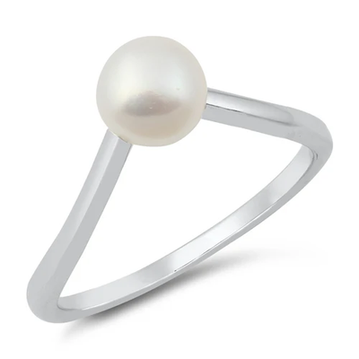 Sterling Silver Rhodium Plated V Shape Pearl Ring