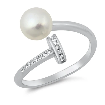 Sterling Silver Rhodium Plated Pin Clear CZ And Pearl Ring