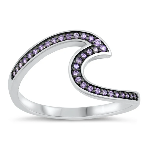 Sterling Silver Rhodium Plated Wave Amethyst CZ Ring