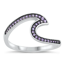 Load image into Gallery viewer, Sterling Silver Rhodium Plated Wave Amethyst CZ Ring