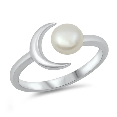 Sterling Silver Rhodium Plated Sun And Moon Pearl Ring