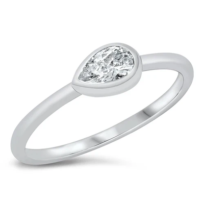 Sterling Silver Rhodium Plated Pear Clear CZ Ring