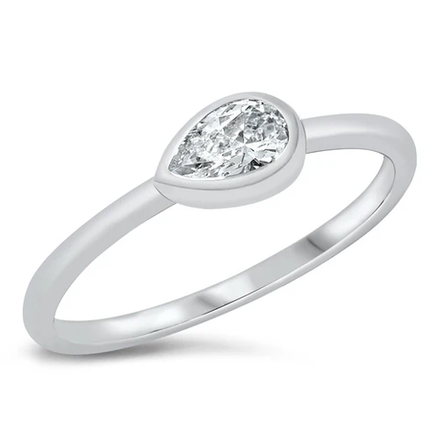 Sterling Silver Rhodium Plated Pear Clear CZ Ring