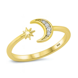 Sterling Silver Yellow Gold Plated Moon And Star Clear CZ Ring