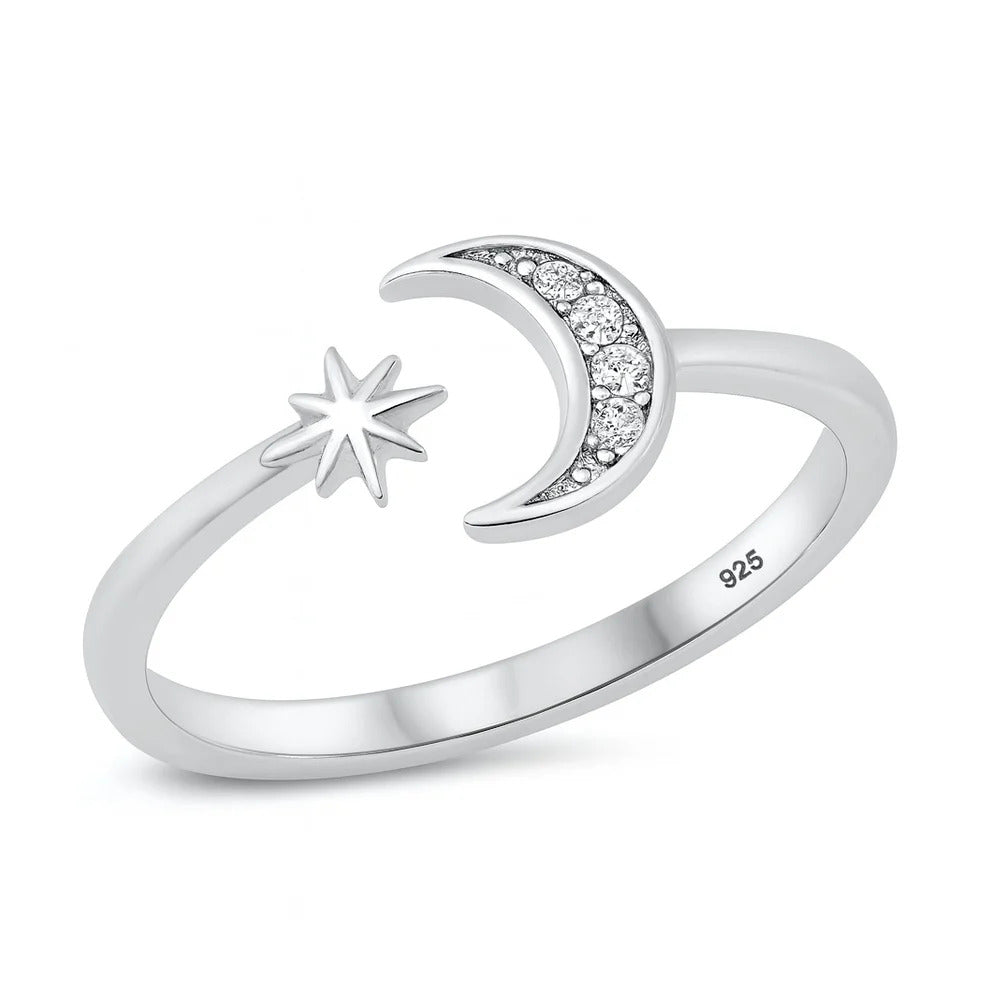 Sterling Silver Rhodium Plated Moon And Star Clear CZ Ring