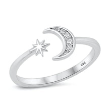 Load image into Gallery viewer, Sterling Silver Rhodium Plated Moon And Star Clear CZ Ring