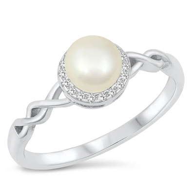 Sterling Silver Rhodium Plated Round Clear CZ And Freshwater Pearl Ring