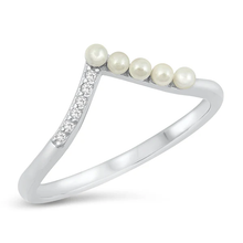 Load image into Gallery viewer, Sterling Silver Rhodium Plated V Shaped Pearl And Clear CZ Ring
