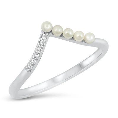 Sterling Silver Rhodium Plated V Shaped Pearl And Clear CZ Ring