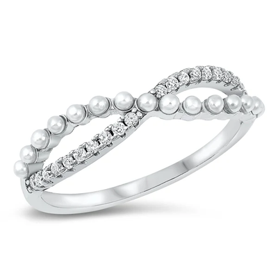 Sterling Silver Rhodium Plated Infinity Pearl And Clear CZ Ring