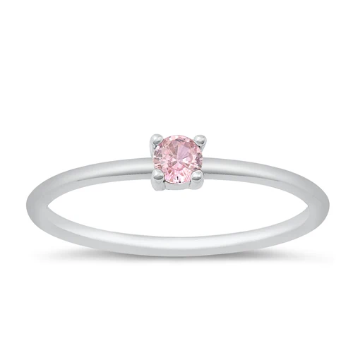 Sterling Silver Rhodium Plated Round Pink CZ Ring