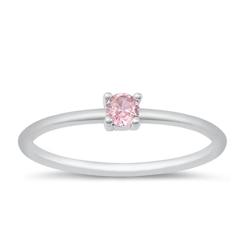 Sterling Silver Rhodium Plated Round Pink CZ Ring