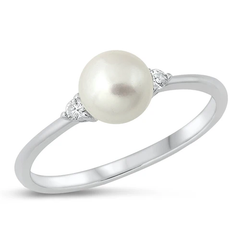 Sterling Silver Rhodium Plated Pearl and Clear CZ Ring