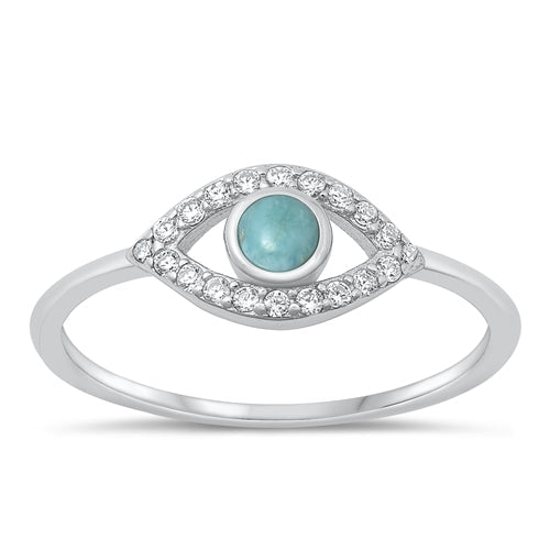 Sterling Silver Rhodium Plated Clear CZ and Genuine Larimar Evil Eye Ring