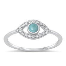 Load image into Gallery viewer, Sterling Silver Rhodium Plated Clear CZ and Genuine Larimar Evil Eye Ring