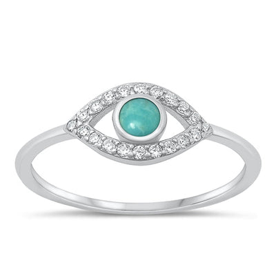 Sterling Silver Rhodium Plated Clear CZ and Genuine Turquoise Evil Eye Ring