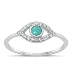 Sterling Silver Rhodium Plated Clear CZ and Genuine Turquoise Evil Eye Ring