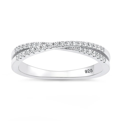Sterling Silver Rhodium Plated Twisted Pave Clear CZ Ring