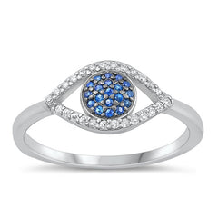 Sterling Silver Rhodium Plated Clear and Blue Sapphire CZ Eye Ring-8.4mm