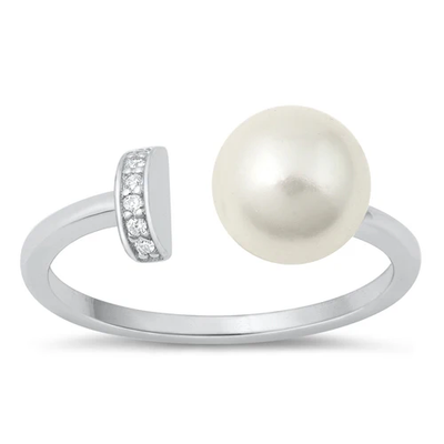 Sterling Silver Rhodium Plated CZ And Pearl Ring