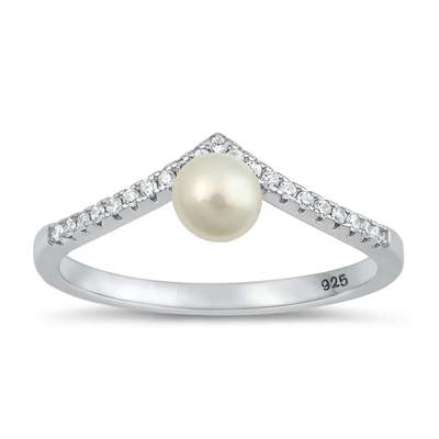 Sterling Silver Rhodium Plated Clear CZ And Pearl Ring