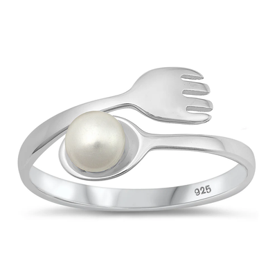 Sterling Silver Rhodium Plated Fork And Spoon Pearl Ring