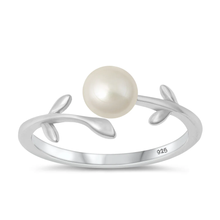 Load image into Gallery viewer, Sterling Silver Rhodium Plated Leaf Pearl Ring