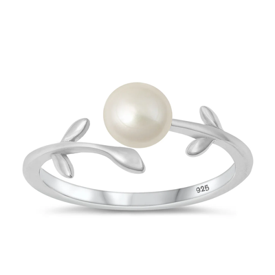 Sterling Silver Rhodium Plated Leaf Pearl Ring