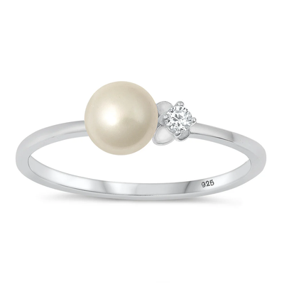 Sterling Silver Rhodium Plated Round Clear CZ And Pearl Ring