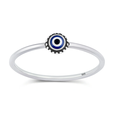 Sterling Silver Polished And Oxidized Round Evil Eye Ring