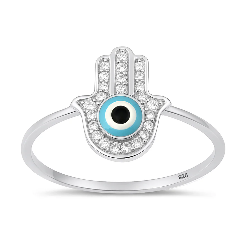 Sterling Silver Rhodium Plated Clear CZ Hamsa And Evil Eye Ring