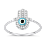 Sterling Silver Rhodium Plated Clear CZ Hamsa And Evil Eye Ring