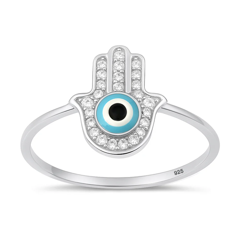 Sterling Silver Rhodium Plated Clear CZ Hamsa And Evil Eye Ring