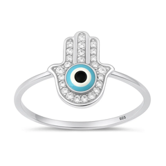 Sterling Silver Rhodium Plated Clear CZ Hamsa And Evil Eye Ring