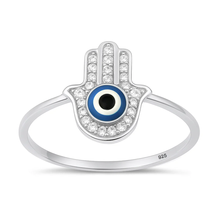 Load image into Gallery viewer, Sterling Silver Rhodium Plated Hamsa And Evil Eye Clear CZ Ring