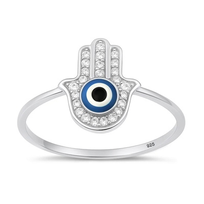 Sterling Silver Rhodium Plated Hamsa And Evil Eye Clear CZ Ring