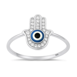 Sterling Silver Rhodium Plated Hamsa And Evil Eye Clear CZ Ring
