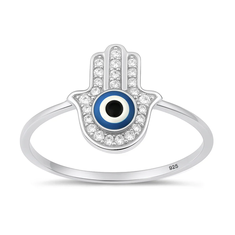 Sterling Silver Rhodium Plated Hamsa And Evil Eye Clear CZ Ring