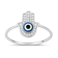 Sterling Silver Rhodium Plated Hamsa And Evil Eye Clear CZ Ring